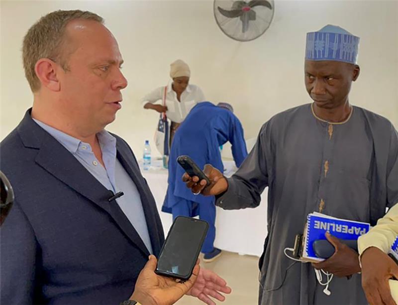 David being interviewed by journalists in Nigeria, during a March 2022 trip in advance of presidential elections in Africa’s most populous nation.
                